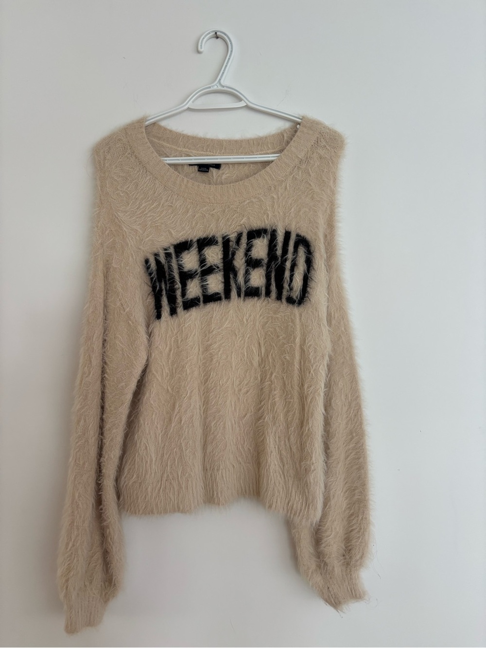 American Eagle Outfitters Beige Fuzzy Crewneck with Black WEEKEND Script